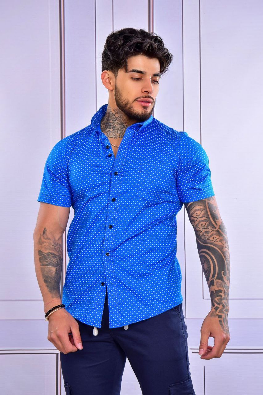 Camisa Mini Print Manga Corta Turquesa