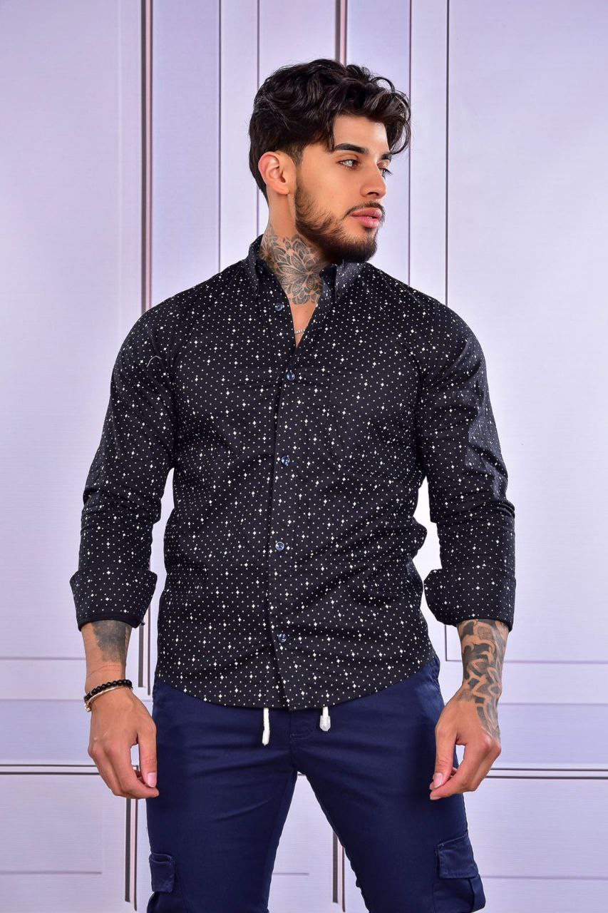 Camisa Mini Print Manga Larga Negro