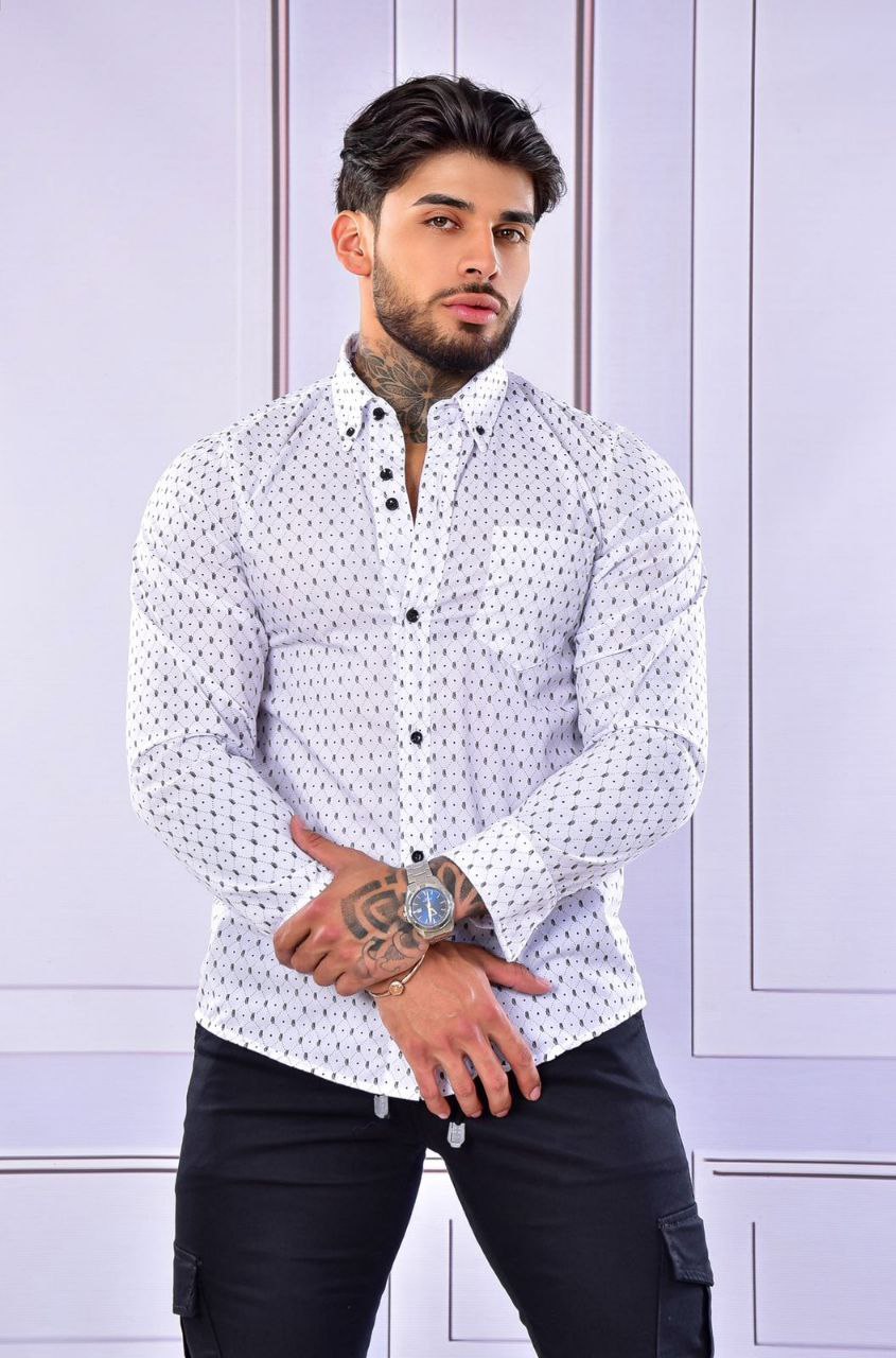 Camisa Mini Print Manga Larga Blanca